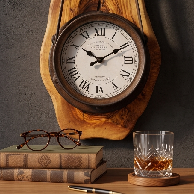 Olive Wood Rustic Round Wall Clock Roman Numeral Dial