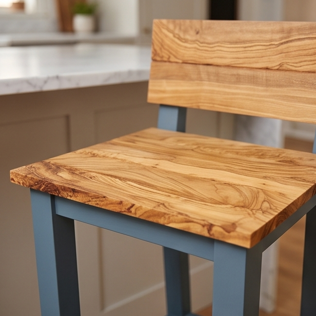 Olive Wood Handcrafted Wooden Bar Stool With Back Rest