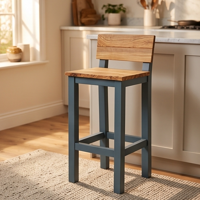 Olive Wood Handcrafted Wooden Bar Stool With Back Rest