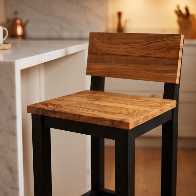 Olive Wood Handcrafted Wooden Bar Stool With Back Rest
