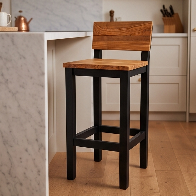Olive Wood Handcrafted Wooden Bar Stool With Back Rest