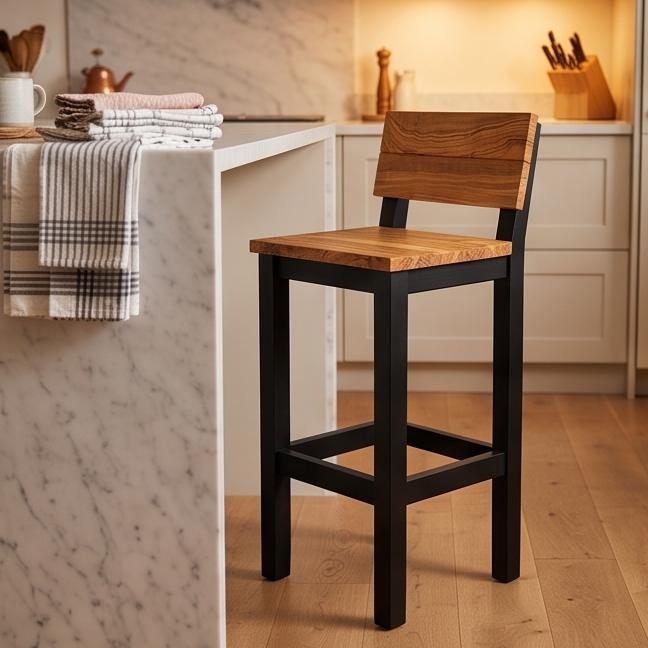 Olive Wood Handcrafted Wooden Bar Stool With Back Rest