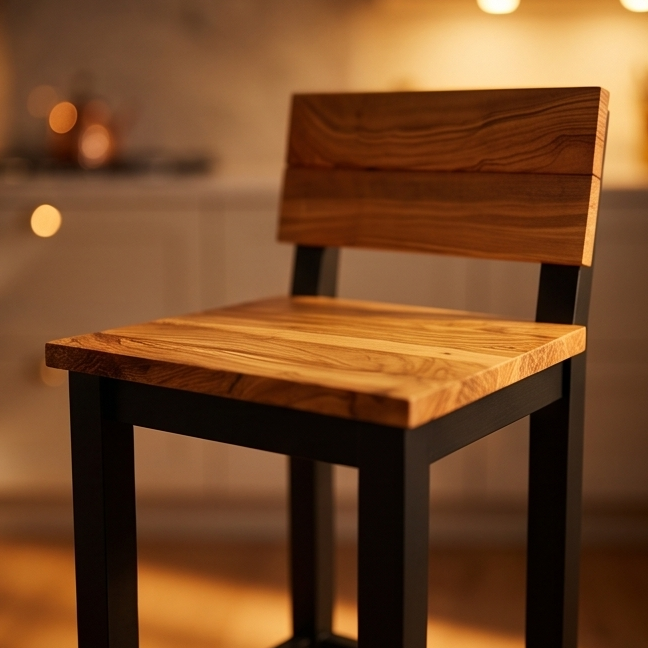 Olive Wood Handcrafted Wooden Bar Stool With Back Rest