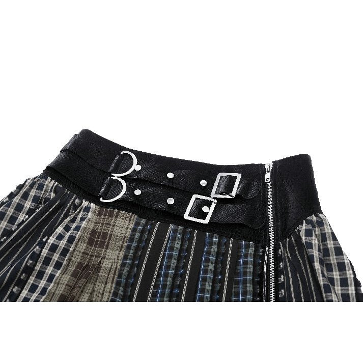 Dark in Love Sage Plaid Patchwork Pleated Mini Skirt with Leather Waist