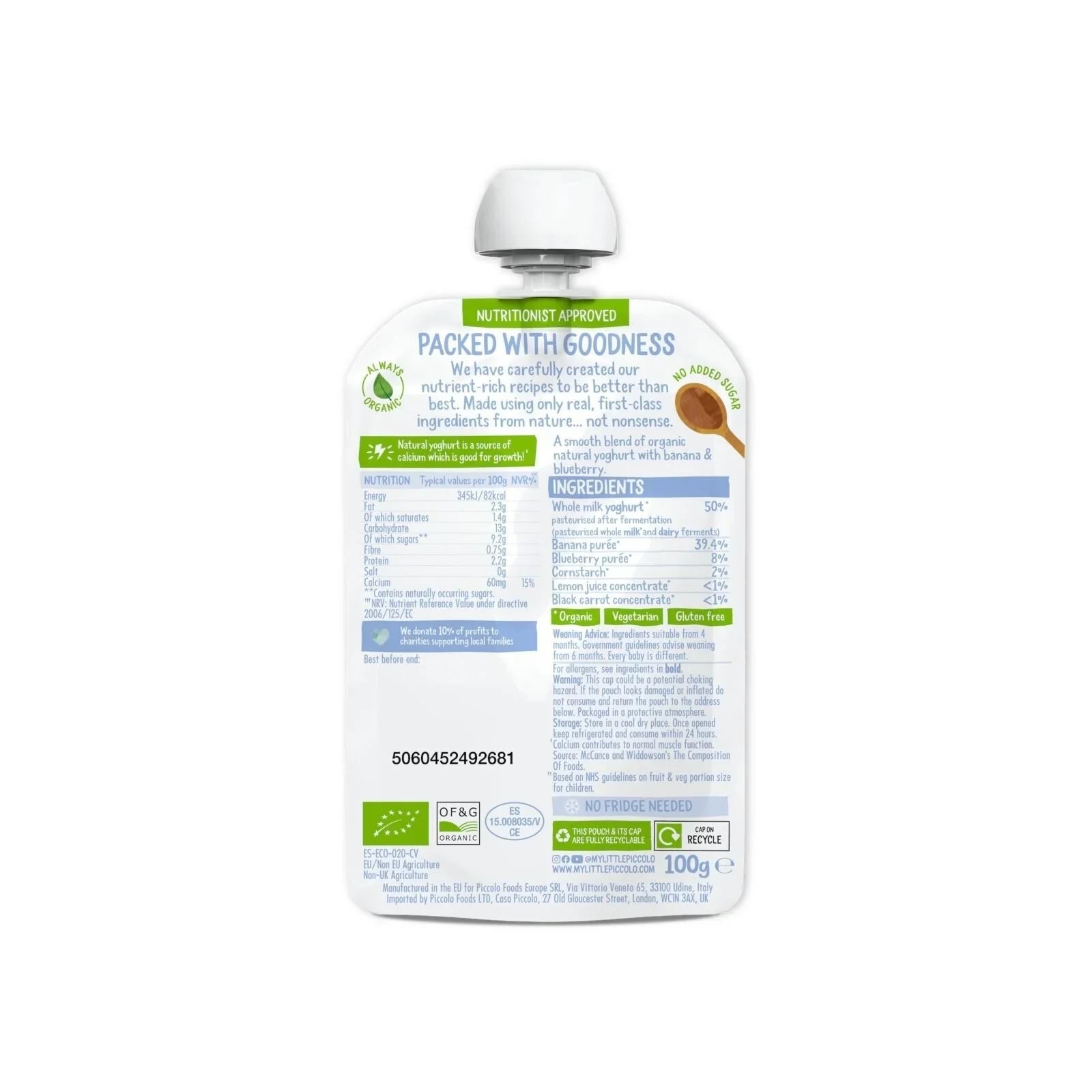 Piccolo Organic Natural Yoghurt Blueberry & Banana 6+ months 100g