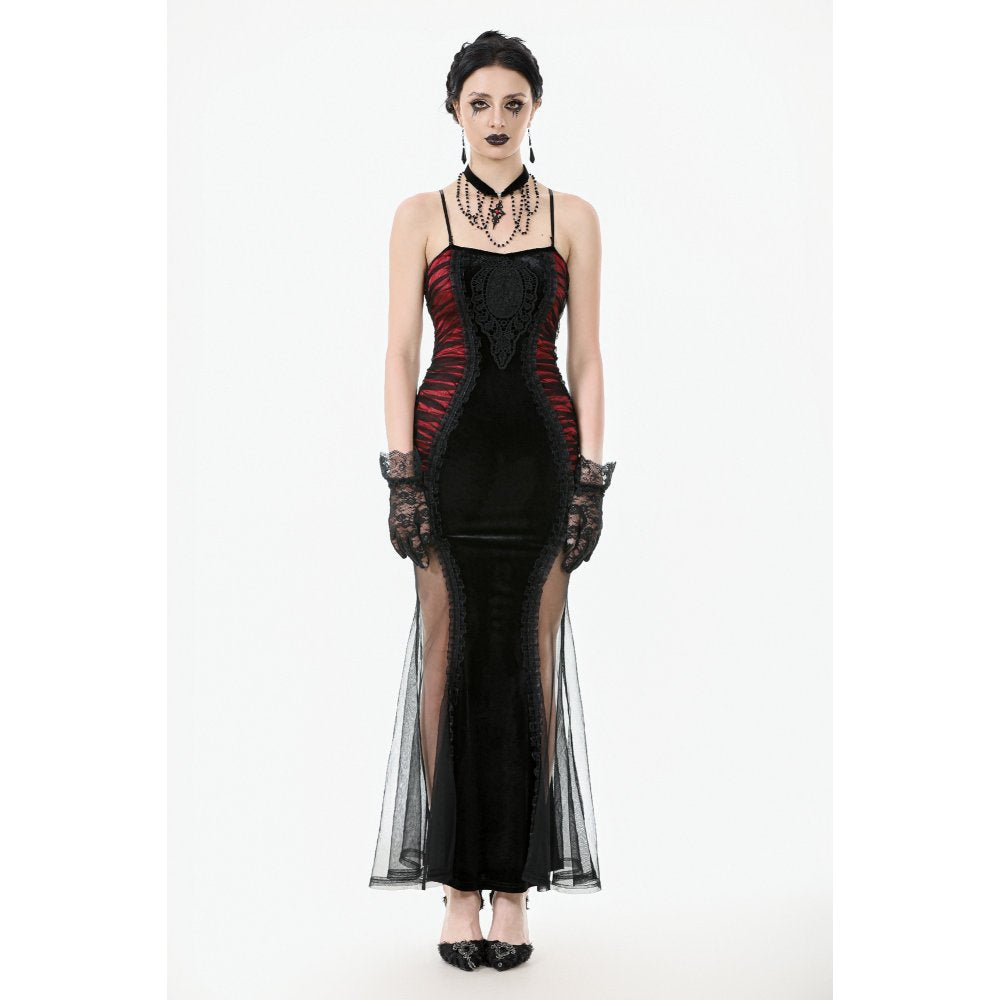 Dark in Love Lilith Goth Gown – Red & Black Velvet Mesh Panel Dress