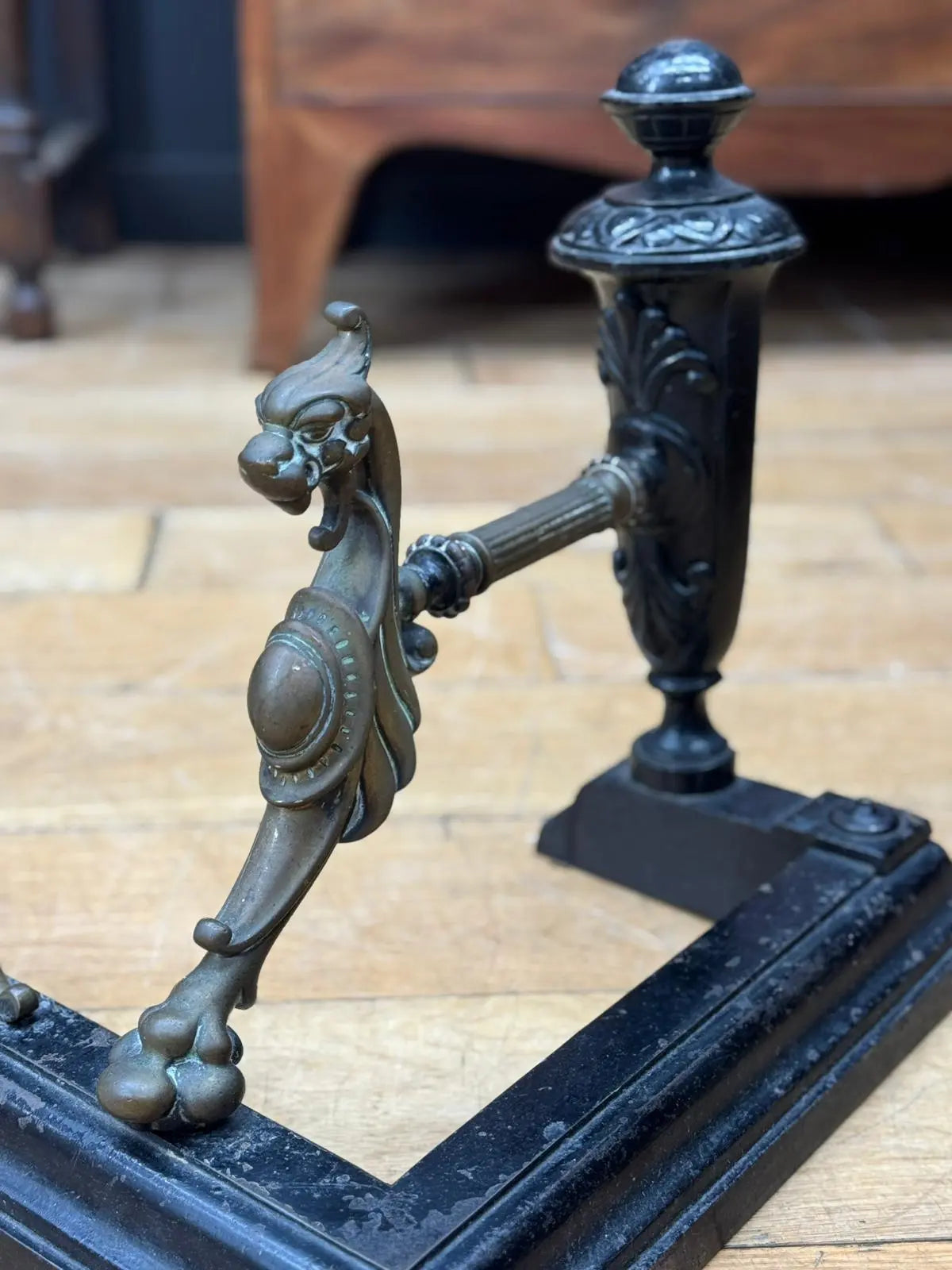 Antique Fireplace Fender – Iron & Brass Griffin Ends Victorian Hearth Guard