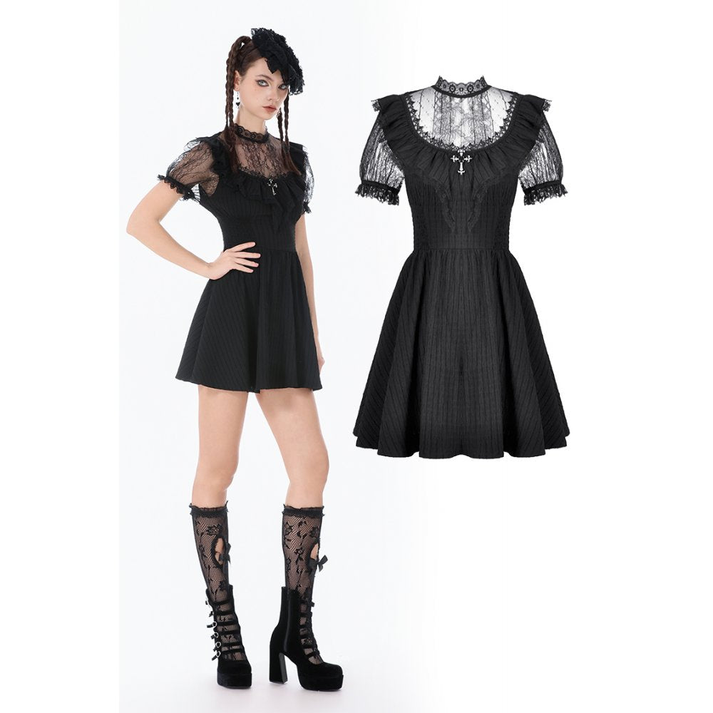 Dark in Love Black Lace Silhouette Gothic Dress with Cross Charm