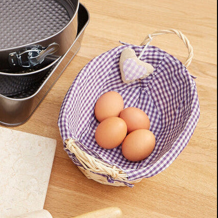 Orsina Willow Bread Basket with Purple Gingham Lining | Woven Server