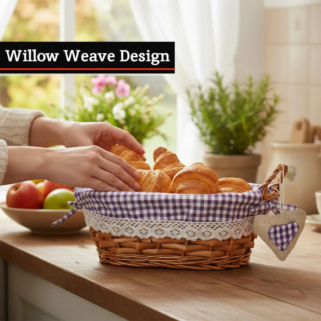 Orsina Willow Bread Basket with Purple Gingham Lining | Woven Server