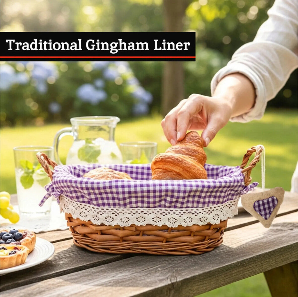 Orsina Willow Bread Basket with Purple Gingham Lining | Woven Server