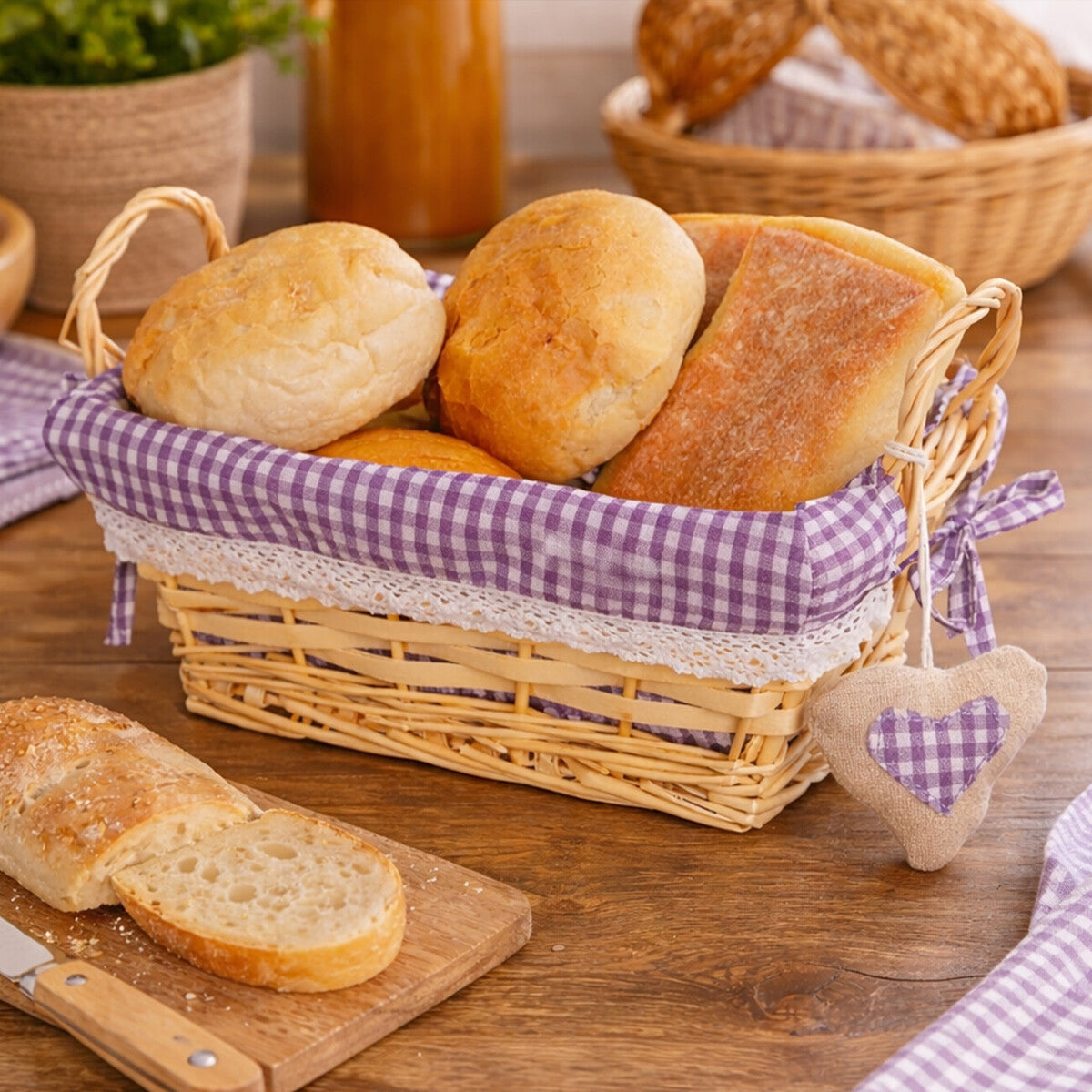 Orsina Orla Small Willow Bread Basket | Purple Gingham Lining