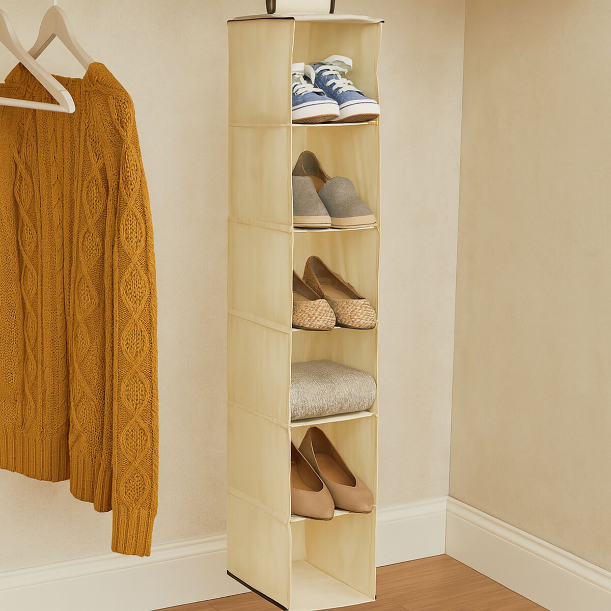 Orsina 6 Section Hanging Shoe Organiser – Cream Wardrobe Storage