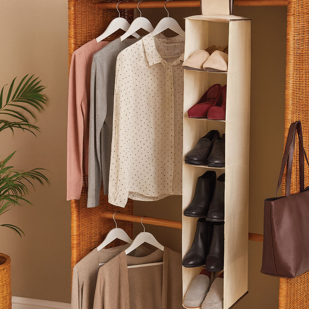 Orsina 6 Section Hanging Shoe Organiser – Cream Wardrobe Storage