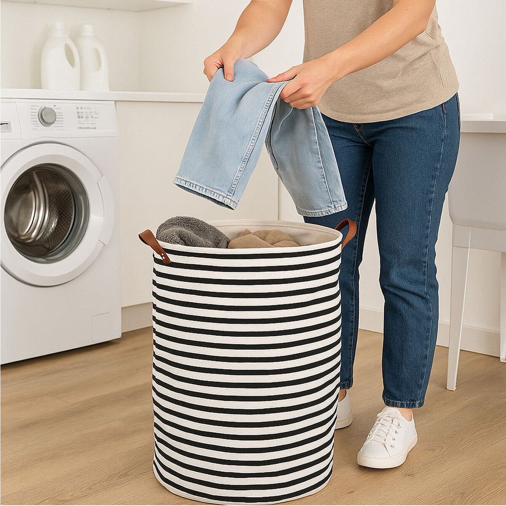 Orsina Striped Laundry Bag – Black and Natural Minimalist Storage