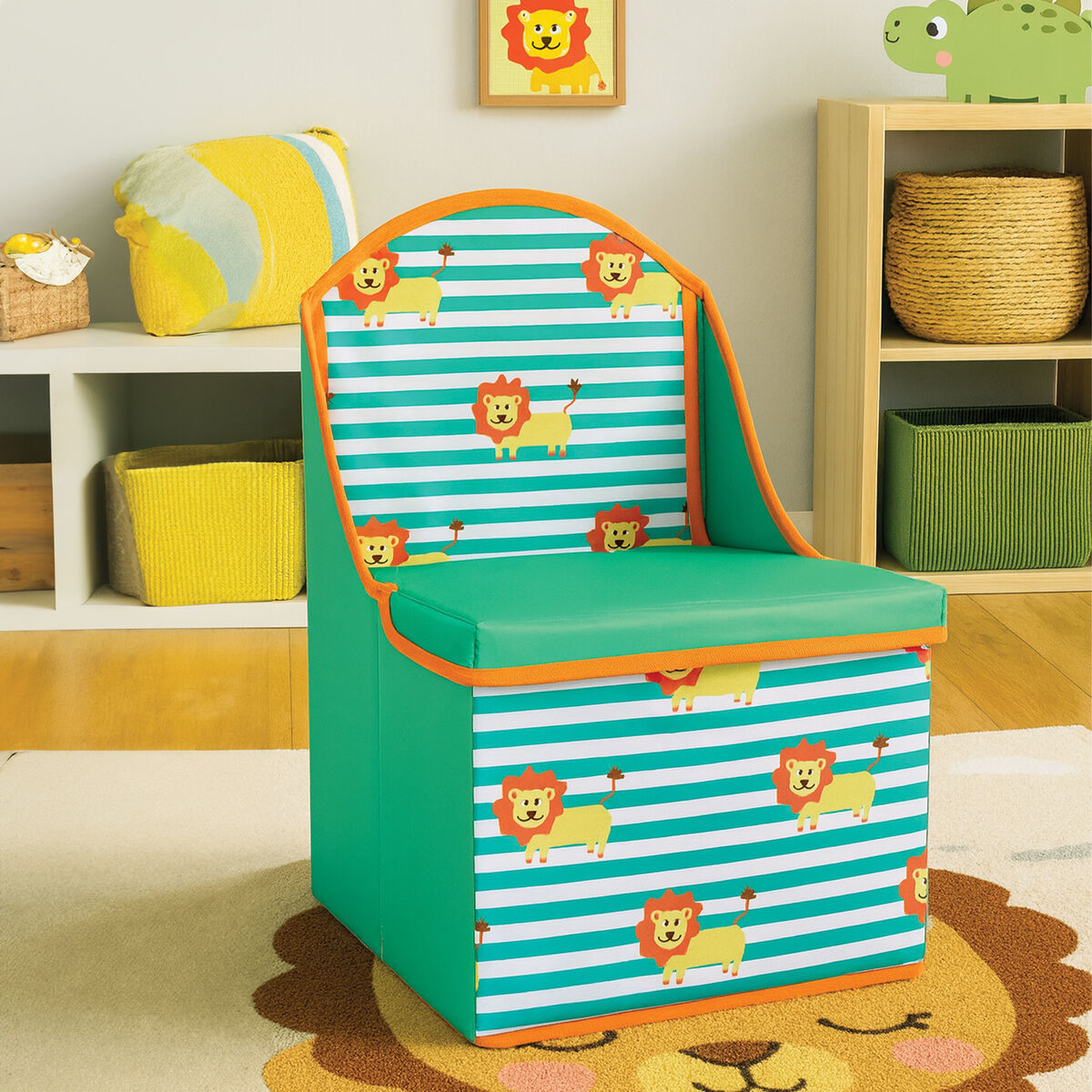 Orsina Lion Design Kids Storage Seat | Wooden Toy Box Ottoman
