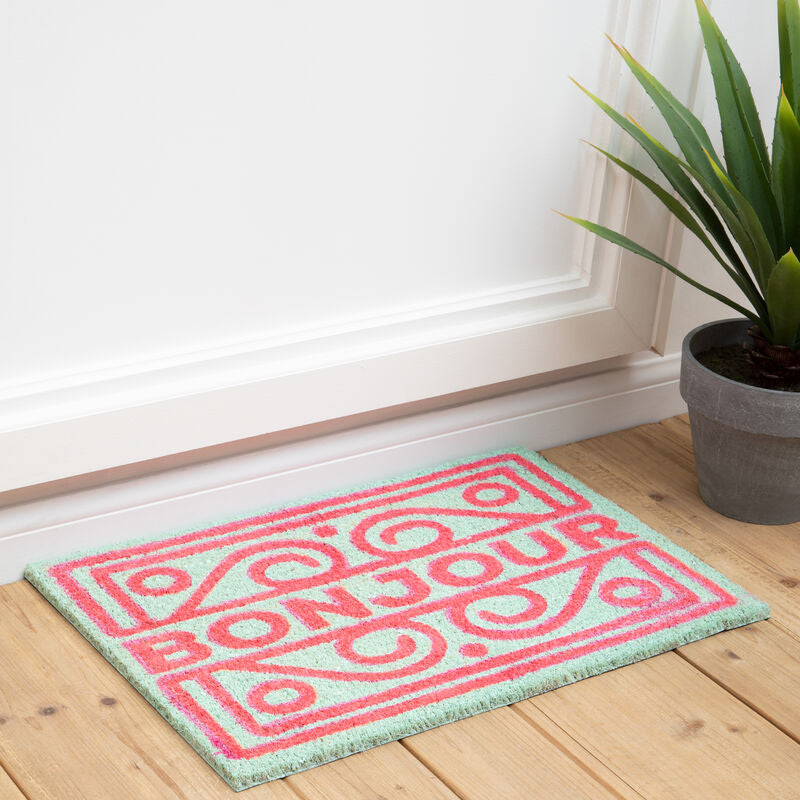 Orsina Neon Bonjour Coir Doormat – Modern Durable Outdoor Welcome Mat