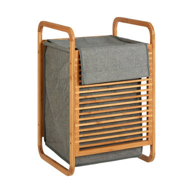 Orsina Carrick Laundry Hamper – Slatted Wood and Grey Fabric Storage