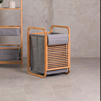 Orsina Carrick Laundry Hamper – Slatted Wood and Grey Fabric Storage