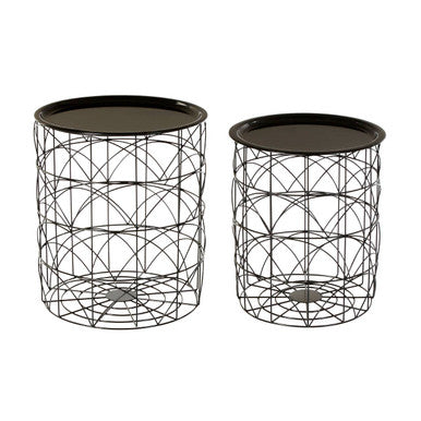 Orsina Hege Set of 2 Black Metal Wire Basket Side Tables with Recessed Tops