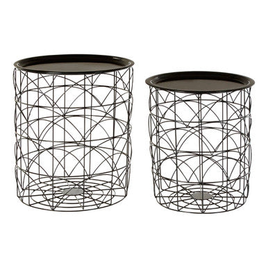 Orsina Hege Set of 2 Black Metal Wire Basket Side Tables with Recessed Tops