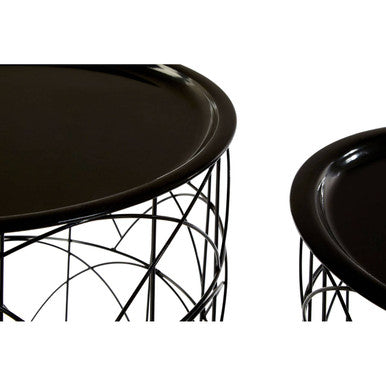 Orsina Hege Set of 2 Black Metal Wire Basket Side Tables with Recessed Tops