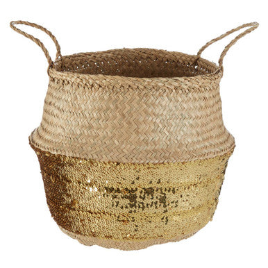 Orsina Small Seagrass Basket – Gold Sequin Decorative Desk Organizer