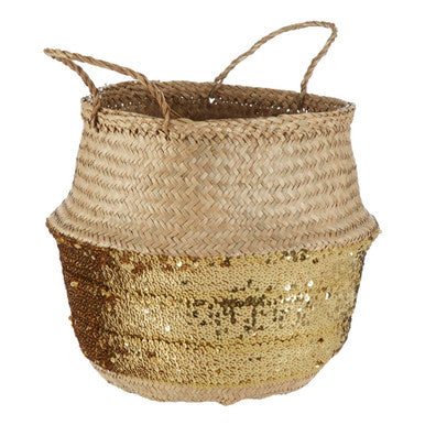Orsina Gold Sequin Seagrass Basket – Medium Woven Storage Bin