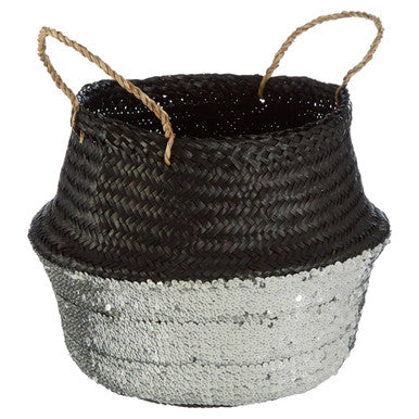 Orsina Small Seagrass Basket – Black and Silver Decorative Storage