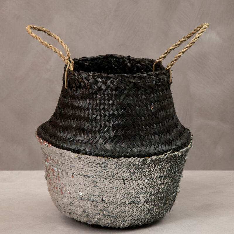 Orsina Small Seagrass Basket – Black and Silver Decorative Storage