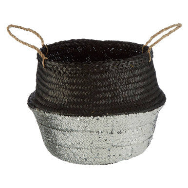 Orsina Medium Seagrass Basket – Black and Silver Woven Storage