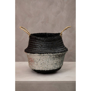 Orsina Medium Seagrass Basket – Black and Silver Woven Storage