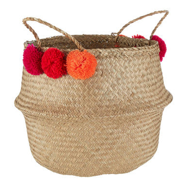 Orsina Small Seagrass Pom Basket – Boho Woven Storage Organizer