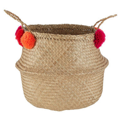Orsina Small Seagrass Pom Basket – Boho Woven Storage Organizer