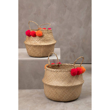 Orsina Small Seagrass Pom Basket – Boho Woven Storage Organizer