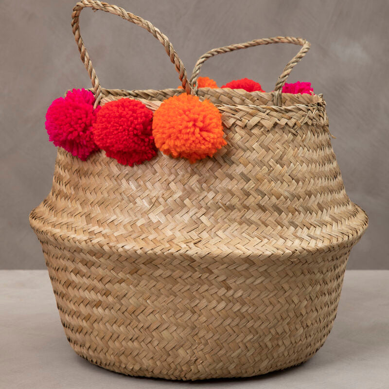 Orsina Small Seagrass Pom Basket – Boho Woven Storage Organizer