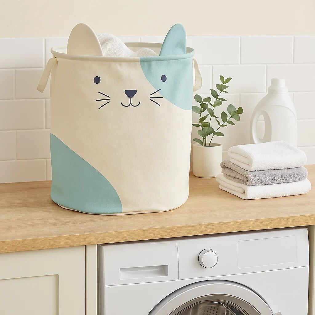 Orsina Cat Face Laundry Bag – Collapsible White Nursery Hamper