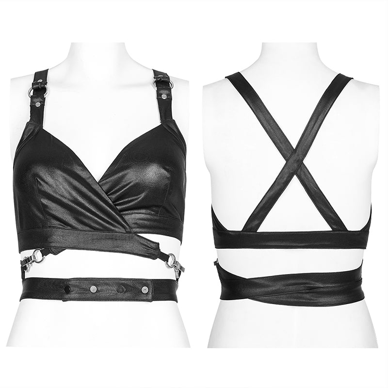 PUNK RAVE Nyx Black Faux Leather Cross Strap Crop Top – Gothic Style