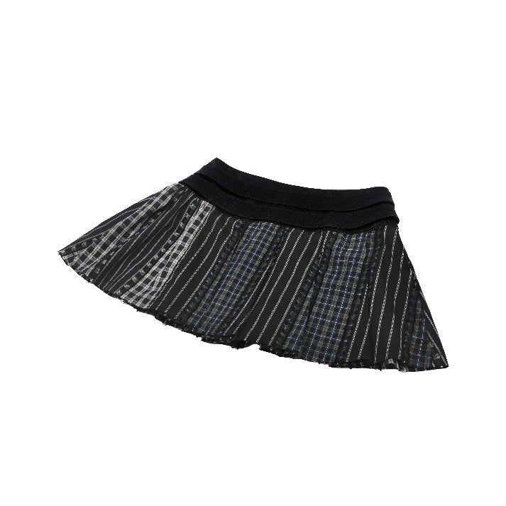 Dark in Love Sage Plaid Patchwork Pleated Mini Skirt with Leather Waist