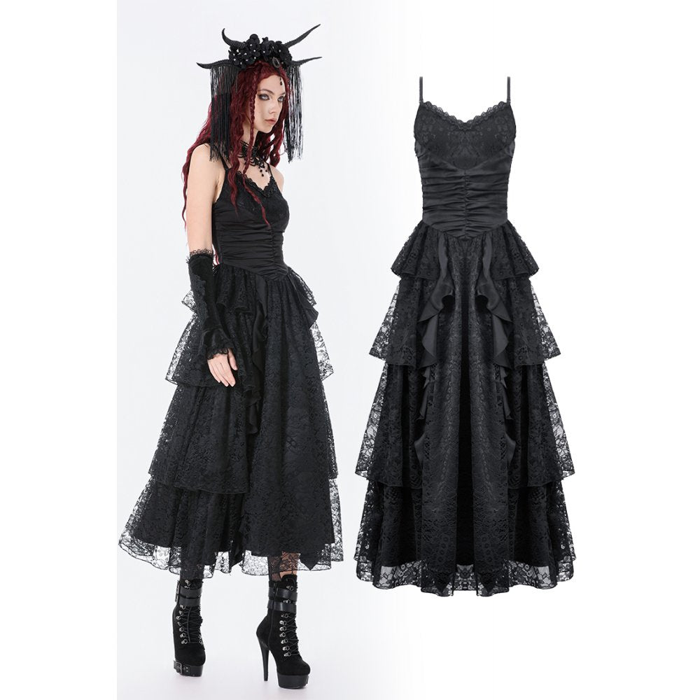 Dark in Love Black Gothic Satin and Lace Tiered Corset Dress