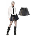 Dark in Love Sage Plaid Patchwork Pleated Mini Skirt with Leather Waist