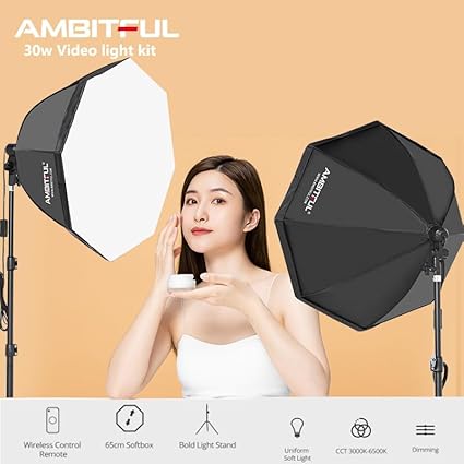 AMBITFUL 2-Pack 65cm Softbox Lighting Kit | 50W Bi-Color LED with Tripods