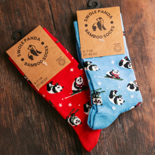 Swole Panda Blue Skiing Panda Bamboo Socks – Sustainable Novelty Gift