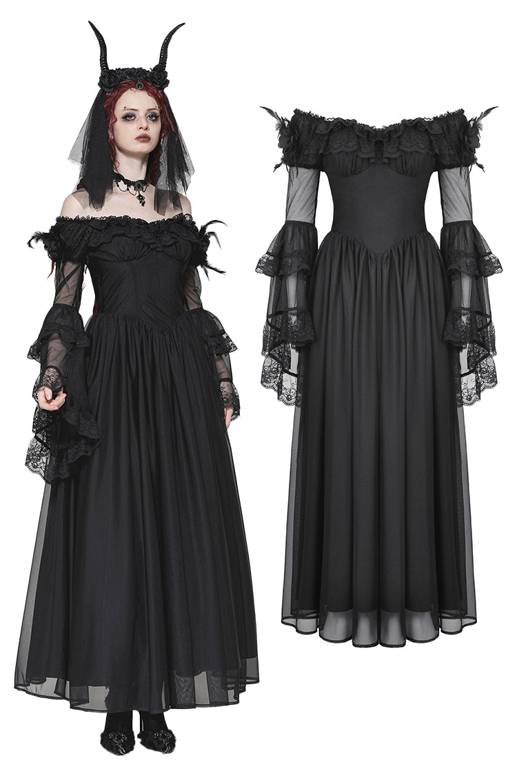 Dark in Love Millicent Black Tulle Feather Gothic Dress with Lace