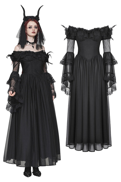 Dark in Love Millicent Black Tulle Feather Gothic Dress with Lace