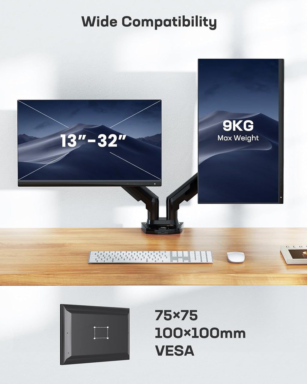 HUANUO Dual Monitor Arm – Gas Spring Desk Mount for 13–32" Screens
