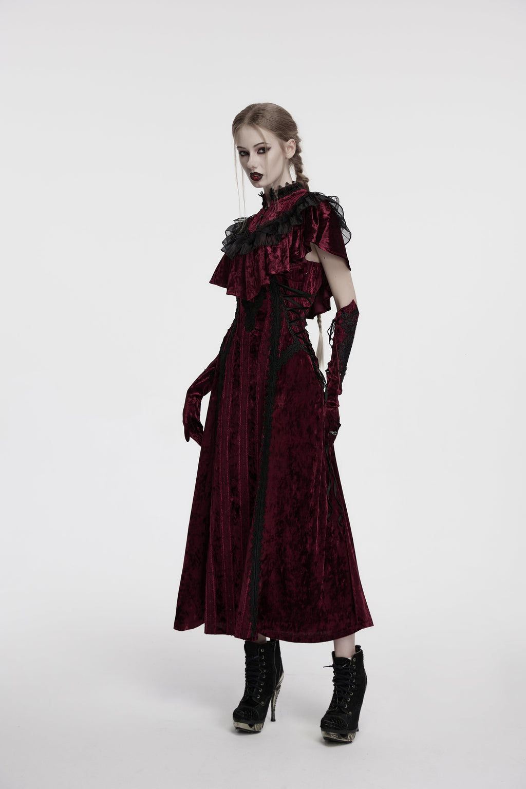 Punk Rave Vivienne Velvet Lace Panel Goth Slip Dress – Burgundy