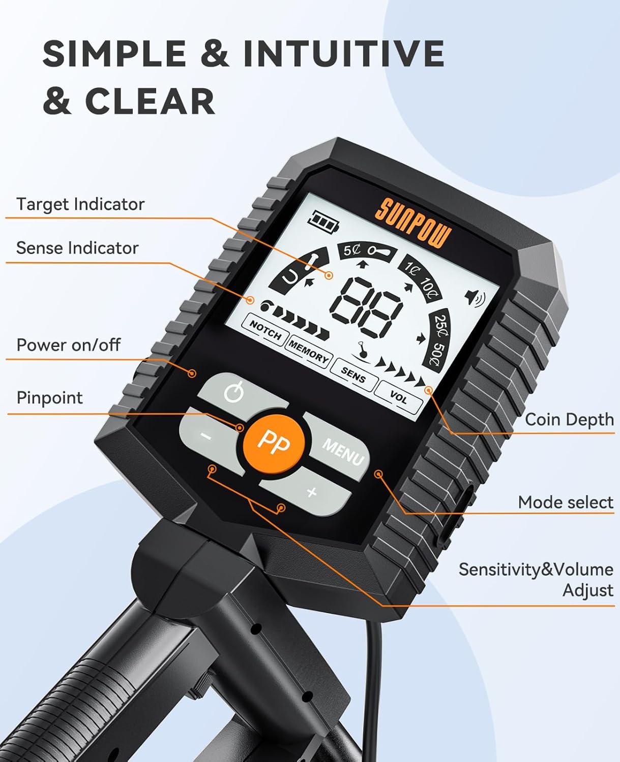 SUNPOW Metal Detector - Waterproof Gold Detector with 4 Modes & LCD