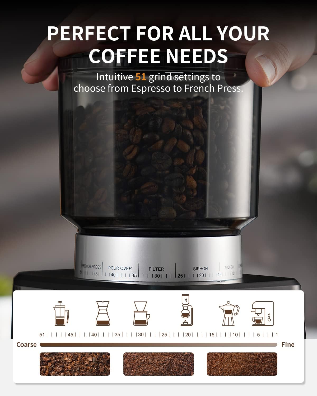 SHARDOR Conical Burr Coffee Grinder - Electric Espresso with 51 Settings