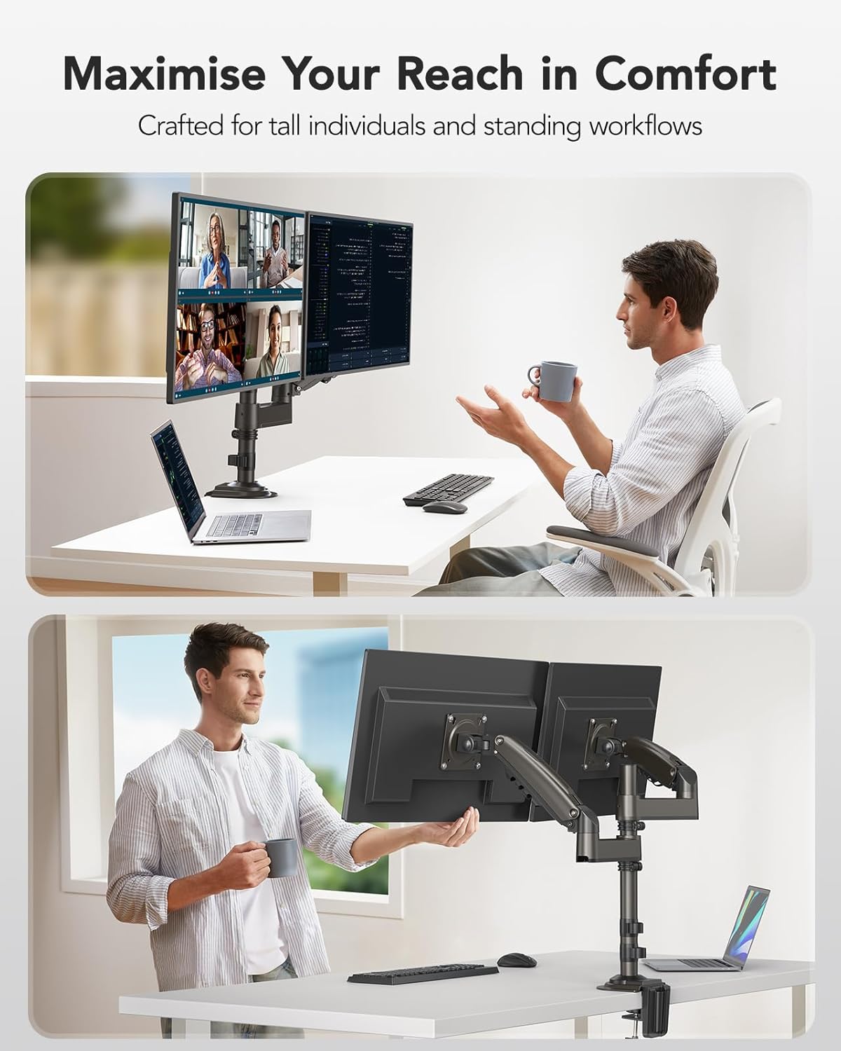 HUANUO Dual Monitor Stand – Tall Gas Spring Arm for 13–32" Screens